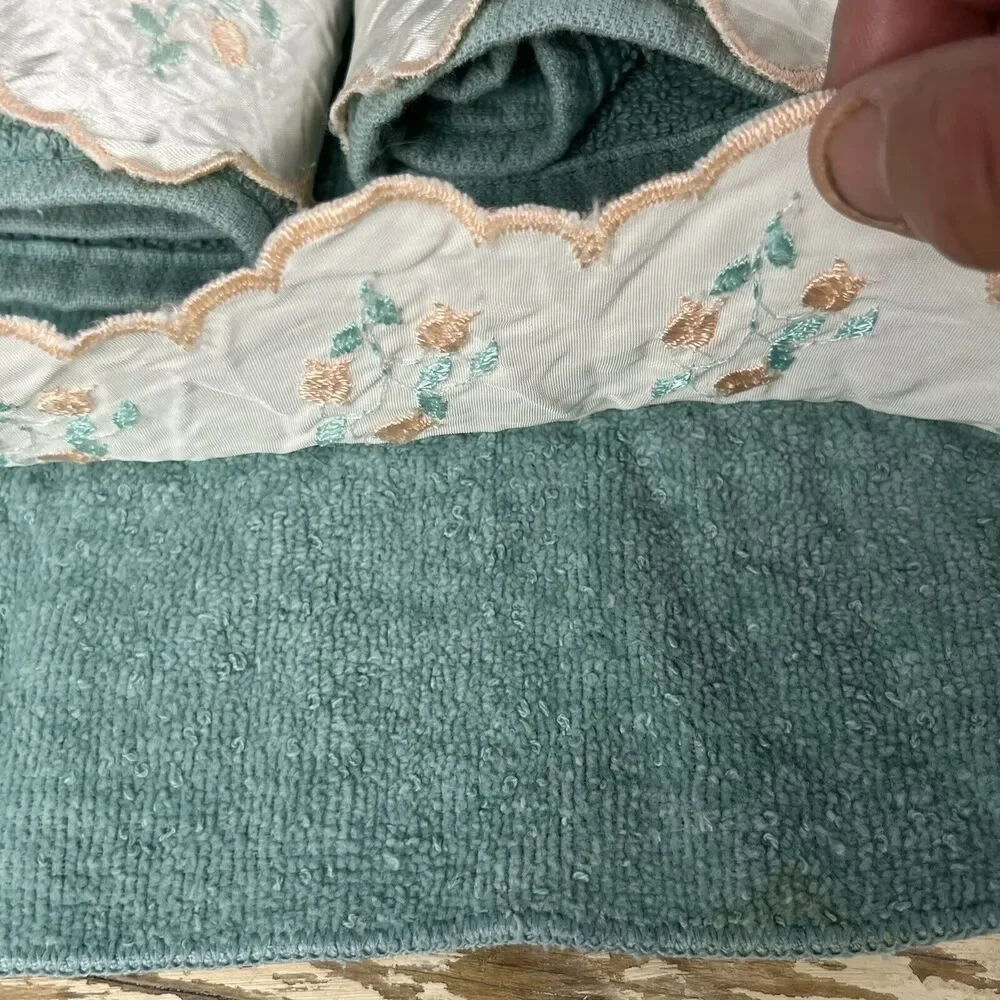 Vintage Set 6 Cannon Aqua Green Bath Hand Wash Towels Floral Satin Ruffle USA